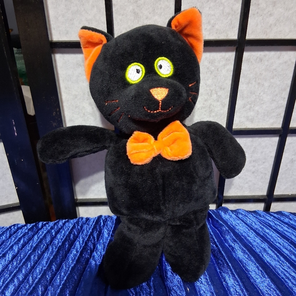 Plush Cat, Elegant Black, With an Orange Tie.